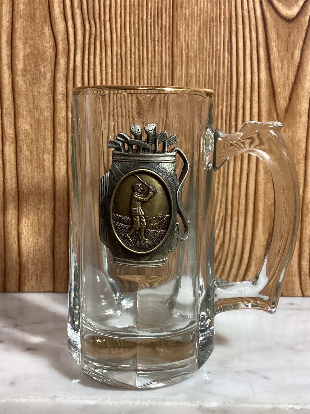 Glass Beer Stein with Brass Golf Emblem - Clear Raised Metal Medallion